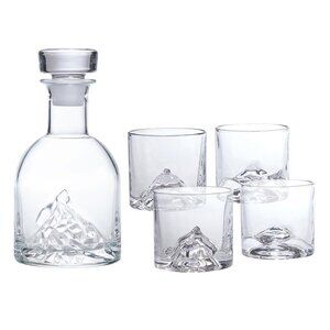 The Peaks Mountains Crystal Bourbon Whiskey Decanter Gift Set with 4 glasses NIB